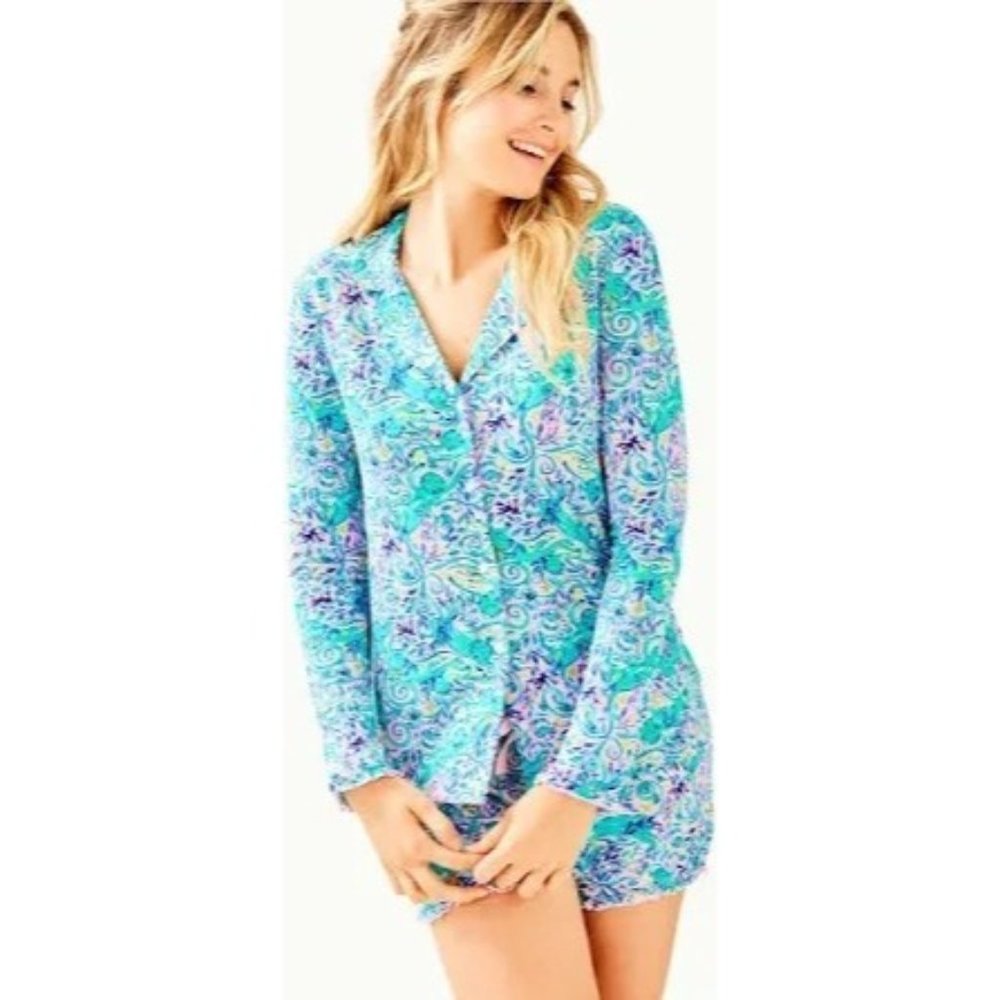 Lilly Pulitzer Ruffle sleeve Pajama Top Melon Fig Sea Monkey size small #000097